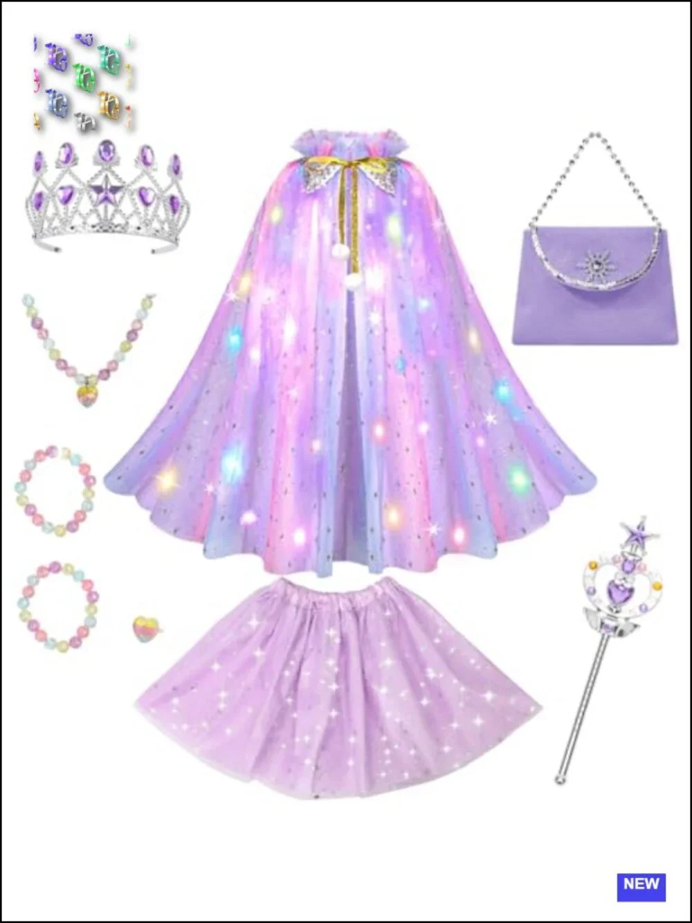 Light Up Princess Cape Tutu Dress Up Set with Crown Wand Jewelry